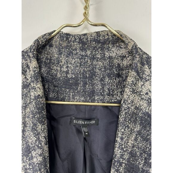Eileen Fisher M Illusion Coat Jacquard Jacket Navy Blue Metallic Shimmer Pockets - Picture 4 of 4